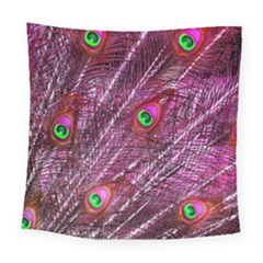 Peacock Feathers Coloured Plumage Pink Red Square Tapestry (large)