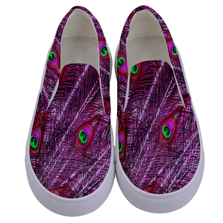 Peacock Feathers Coloured Plumage Pink Red Kids  Canvas Slip Ons