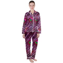 Peacock Feathers Coloured Plumage Pink Red Women s Long Sleeve Satin Pajamas Set	