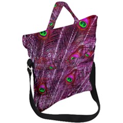 Peacock Feathers Coloured Plumage Pink Red Fold Over Handle Tote Bag by Perong