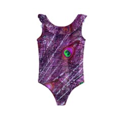 Peacock Feathers Coloured Plumage Pink Red Kids  Frill Swimsuit by Perong