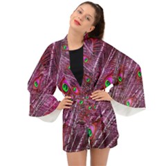 Peacock Feathers Coloured Plumage Pink Red Long Sleeve Kimono by Perong