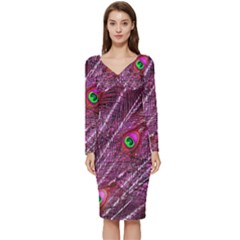 Peacock Feathers Coloured Plumage Pink Red Long Sleeve V-neck Bodycon Dress  by Perong