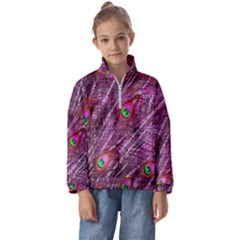 Peacock Feathers Coloured Plumage Pink Red Kids  Half Zip Hoodie by Perong