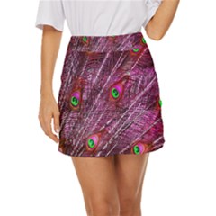 Peacock Feathers Coloured Plumage Pink Red Mini Front Wrap Skirt by Perong