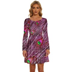 Peacock Feathers Coloured Plumage Pink Red Long Sleeve Wide Neck Velvet Dress by Perong