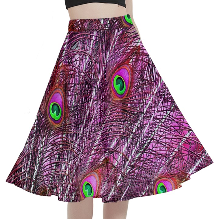 Peacock Feathers Coloured Plumage Pink Red A-Line Full Circle Midi Skirt With Pocket