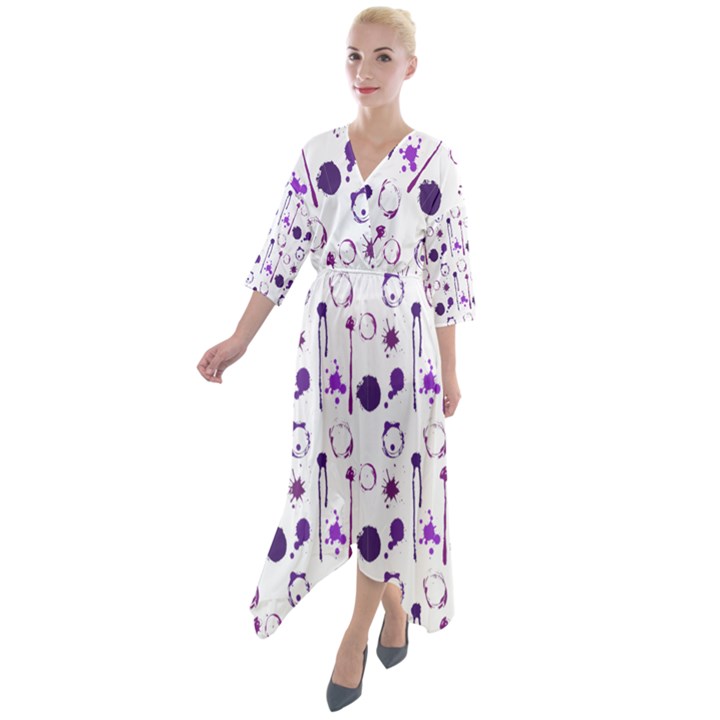 Liquid Splash Pattern Stroke Drip Quarter Sleeve Wrap Front Maxi Dress