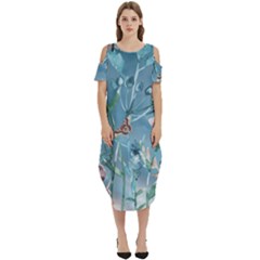 Cool Blue Garden Cold Shoulder Loose Fit Dress With Pockets