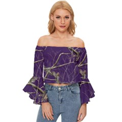 Realtree Camo Purple Pink Realtree Camo Off Shoulder Flutter Bell Sleeve Top