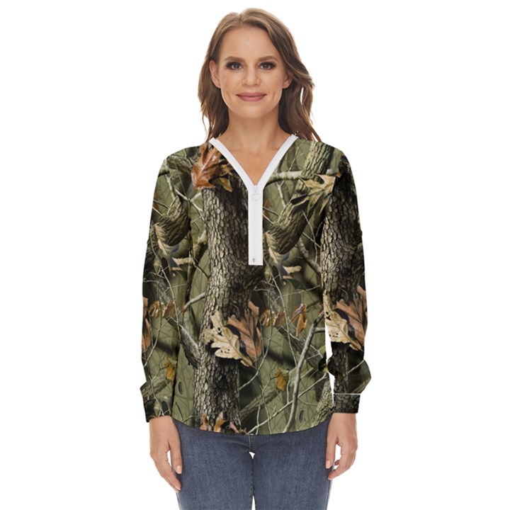 Realtree Camo Seamless Pattern Camo Hunting Zip Up Long Sleeve Blouse