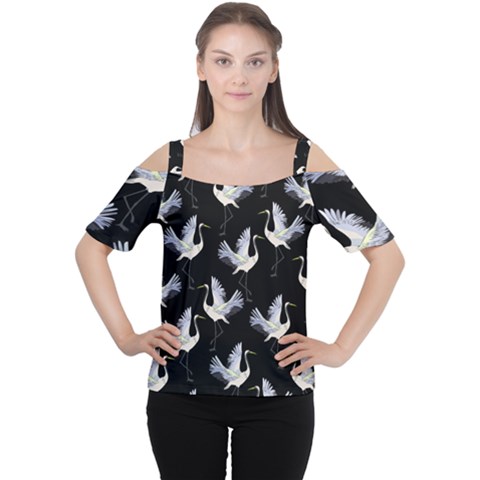 Crane Pattern Cutout Shoulder T-shirt by Bedest