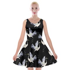 Crane Pattern Velvet Skater Dress