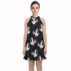 Crane Pattern Velvet Halter Neckline Dress 