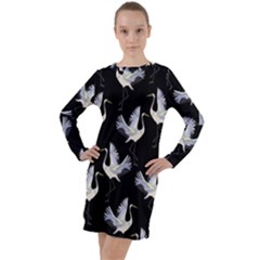 Crane Pattern Long Sleeve Hoodie Dress