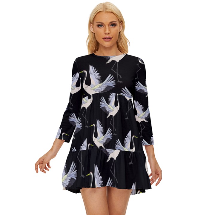 Crane Pattern Long Sleeve Babydoll Dress