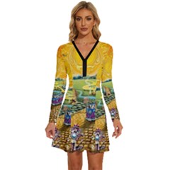 Grateful Dead Golden Road Long Sleeve Deep V Mini Dress  by Bedest