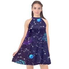 Realistic Night Sky Poster With Constellations Halter Neckline Chiffon Dress  by Ket1n9