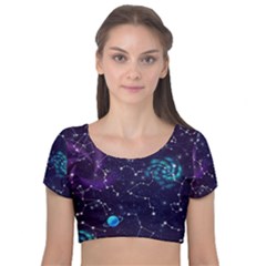 Realistic Night Sky Poster With Constellations Velvet Short Sleeve Crop Top  by Ket1n9