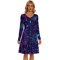 Realistic Night Sky Poster With Constellations Long Sleeve Dress With Pocket by Ket1n9