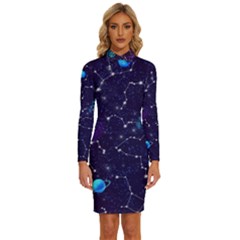 Realistic Night Sky Poster With Constellations Long Sleeve Shirt Collar Bodycon Dress by Ket1n9