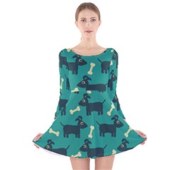 Happy Dogs Animals Pattern Long Sleeve Velvet Skater Dress