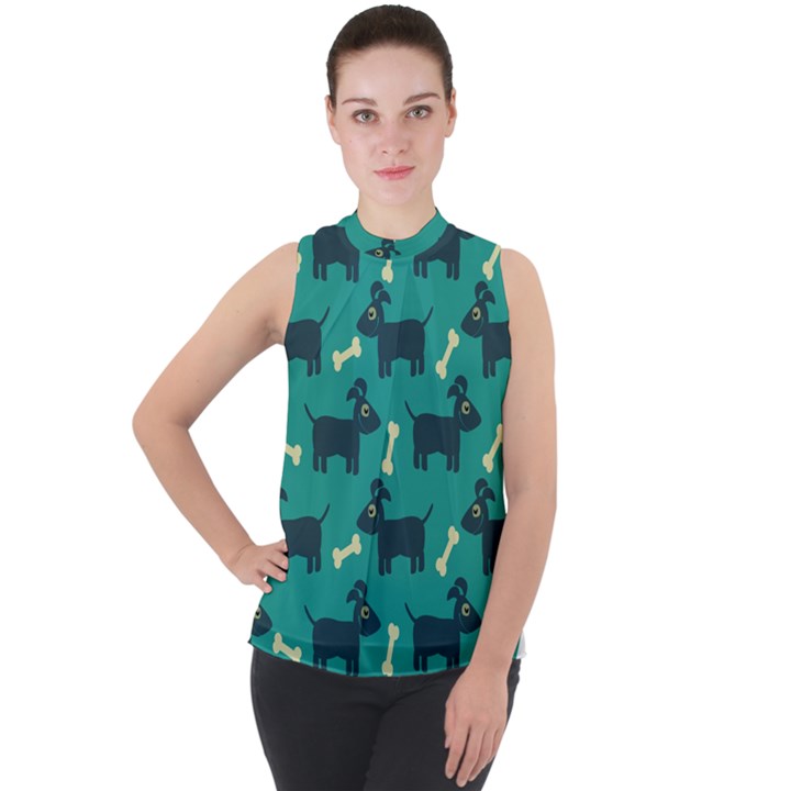 Happy Dogs Animals Pattern Mock Neck Chiffon Sleeveless Top