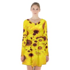 Beautiful Sunflowers Long Sleeve Velvet V-neck Dress