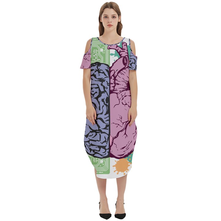 Brain Heart Balance Emotion Cold Shoulder Loose Fit Dress With Pockets