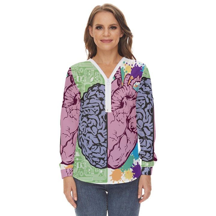 Brain Heart Balance Emotion Zip Up Long Sleeve Blouse