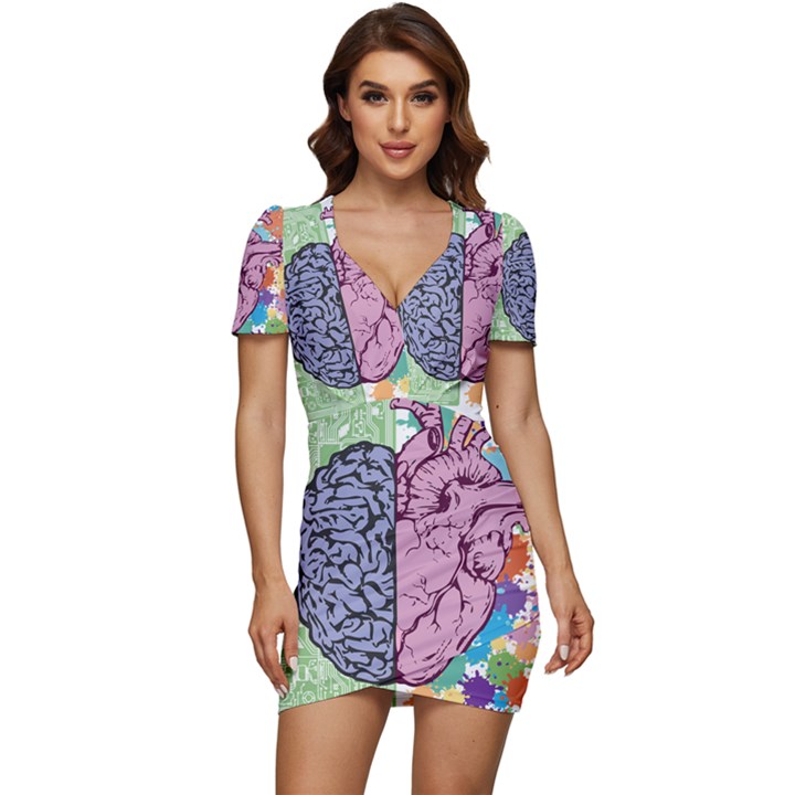 Brain Heart Balance Emotion Low Cut Cap Sleeve Mini Dress