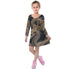 Fantasy Dragon Pentagram Kids  Long Sleeve Velvet Dress