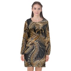 Fantasy Dragon Pentagram Long Sleeve Chiffon Shift Dress 