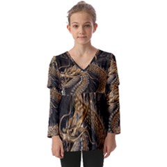 Fantasy Dragon Pentagram Kids  V Neck Casual Top