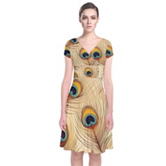 Vintage Peacock Feather Peacock Feather Pattern Background Nature Bird Nature Short Sleeve Front Wrap Dress