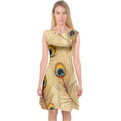 Vintage Peacock Feather Peacock Feather Pattern Background Nature Bird Nature Capsleeve Midi Dress