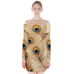 Vintage Peacock Feather Peacock Feather Pattern Background Nature Bird Nature Long Sleeve Off Shoulder Dress