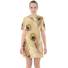 Vintage Peacock Feather Peacock Feather Pattern Background Nature Bird Nature Sixties Short Sleeve Mini Dress