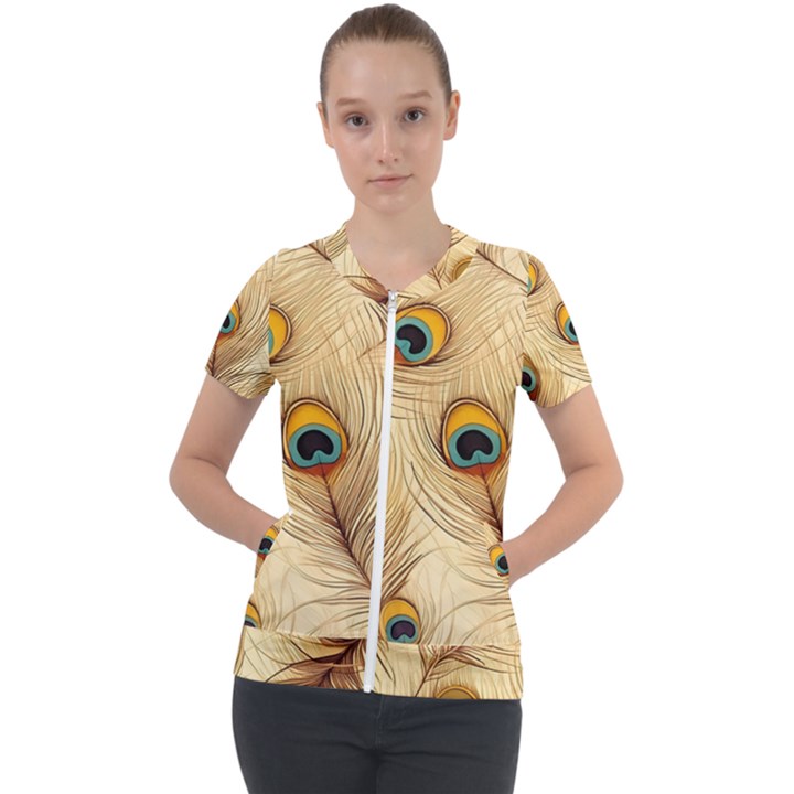 Vintage Peacock Feather Peacock Feather Pattern Background Nature Bird Nature Short Sleeve Zip Up Jacket