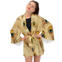 Vintage Peacock Feather Peacock Feather Pattern Background Nature Bird Nature Long Sleeve Kimono by Maspions