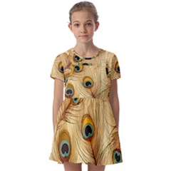 Vintage Peacock Feather Peacock Feather Pattern Background Nature Bird Nature Kids  Short Sleeve Pinafore Style Dress by Maspions