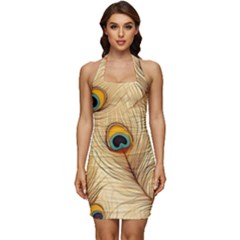 Vintage Peacock Feather Peacock Feather Pattern Background Nature Bird Nature Sleeveless Wide Square Neckline Ruched Bodycon Dress