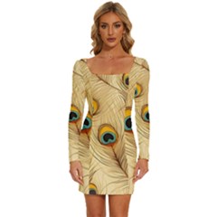 Vintage Peacock Feather Peacock Feather Pattern Background Nature Bird Nature Long Sleeve Square Neck Bodycon Velvet Dress