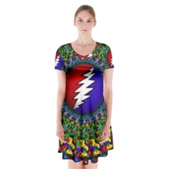 Grateful Dead Bear Pattern Short Sleeve V-neck Flare Dress