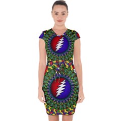 Grateful Dead Bear Pattern Capsleeve Drawstring Dress 