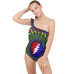 Grateful Dead Bear Pattern Frilly One Shoulder Swimsuit by Maspions