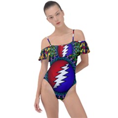 Grateful Dead Bear Pattern Frill Detail One Piece Swimsuit by Maspions