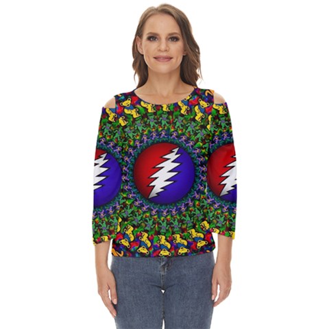 Grateful Dead Bear Pattern Cut Out Wide Sleeve Top by Maspions