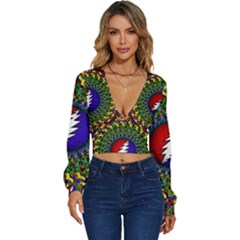 Grateful Dead Bear Pattern Long Sleeve Deep-v Velour Top