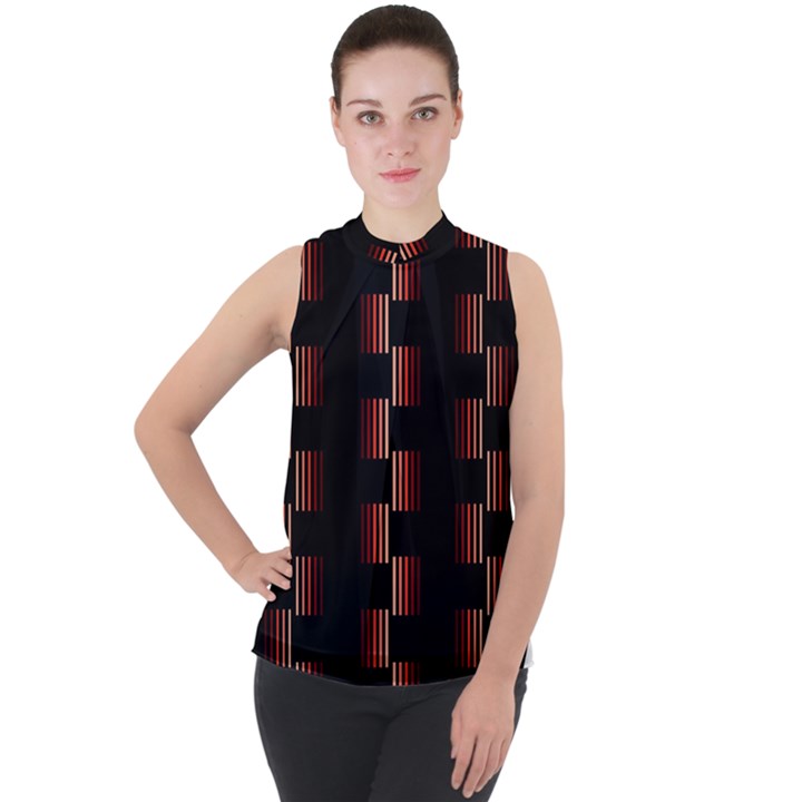 Geometric Pulse Print Design Mock Neck Chiffon Sleeveless Top